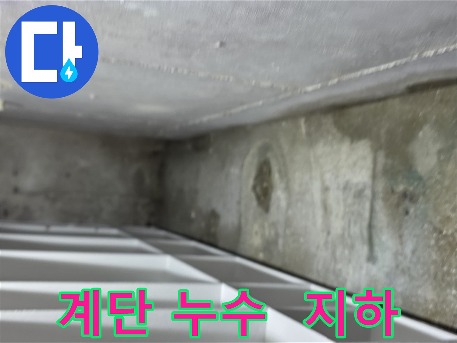 김포 북변동 빌라 지하 계단 누수 - 지하 계단 벽면에서 누수가 발생하여 물이 흐르는 모습