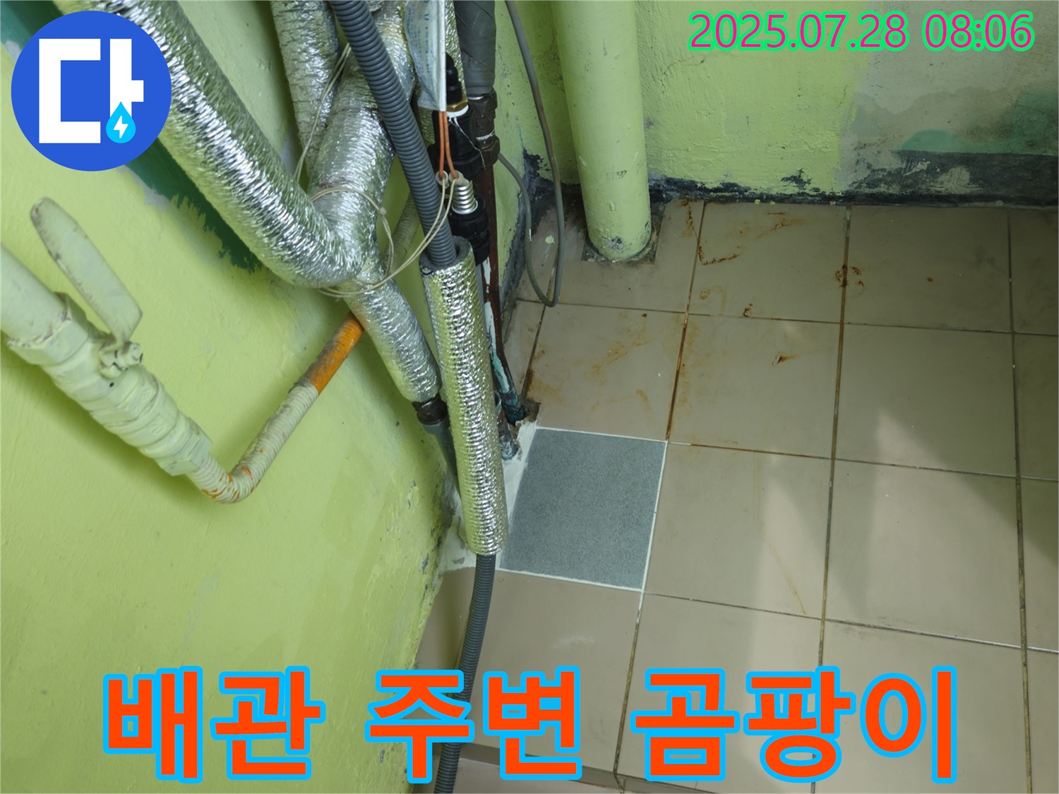 남양주 화도 두산아파트 - 배관 주변 곰팡이 발생 - 습기 문제 해결 필요