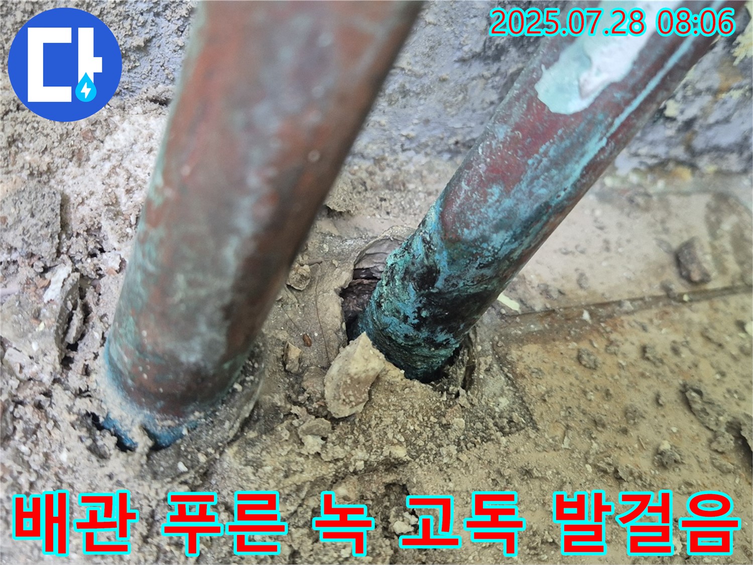 남양주 화도읍 창현리 두산아파트 누수 - 낡은 배관을 뒤덮은 푸른 녹은 깊은 고독과 멈춰진 시간 속 아파트의 멈춰버린 발걸음 소리를 상징하는 듯합니다.