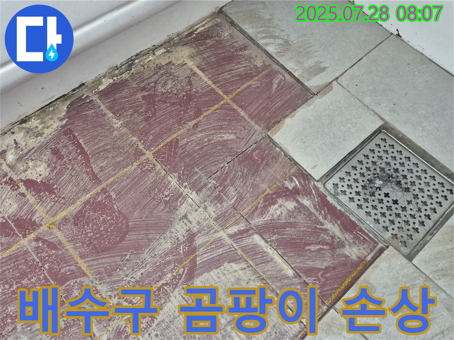 두산아파트 욕실 - 붉은 타일 부분 철거 후 드러난 배수구 주변의 곰팡이와 백시멘트 손상