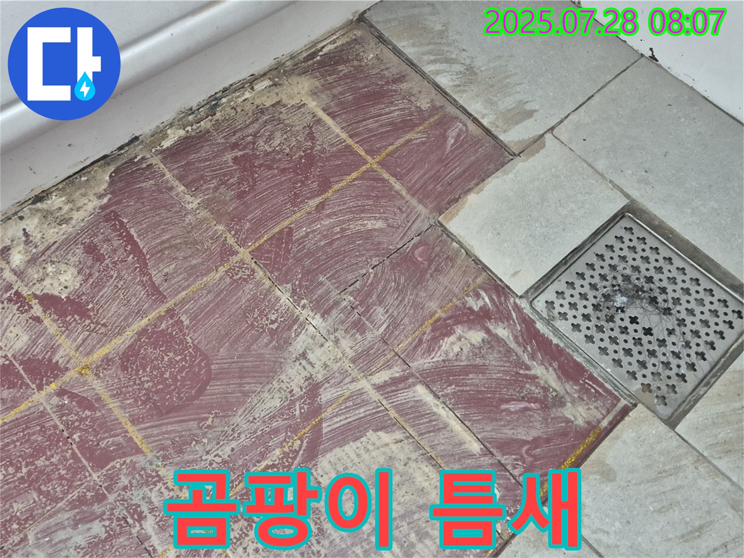 화도읍 두산아파트 욕실 - 붉은 타일 부분 철거 후 드러난 곰팡이와 함께 숨겨진 틈새