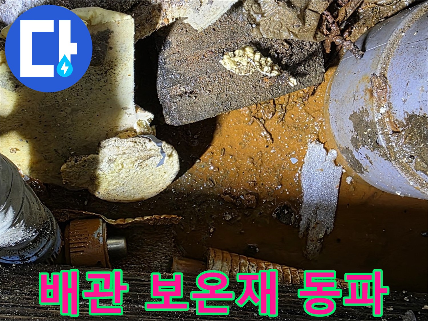 원삼면 누수 현장 - 낡은 배관과 손상된 보온재 - 겨울철 동파 위험이 높습니다.