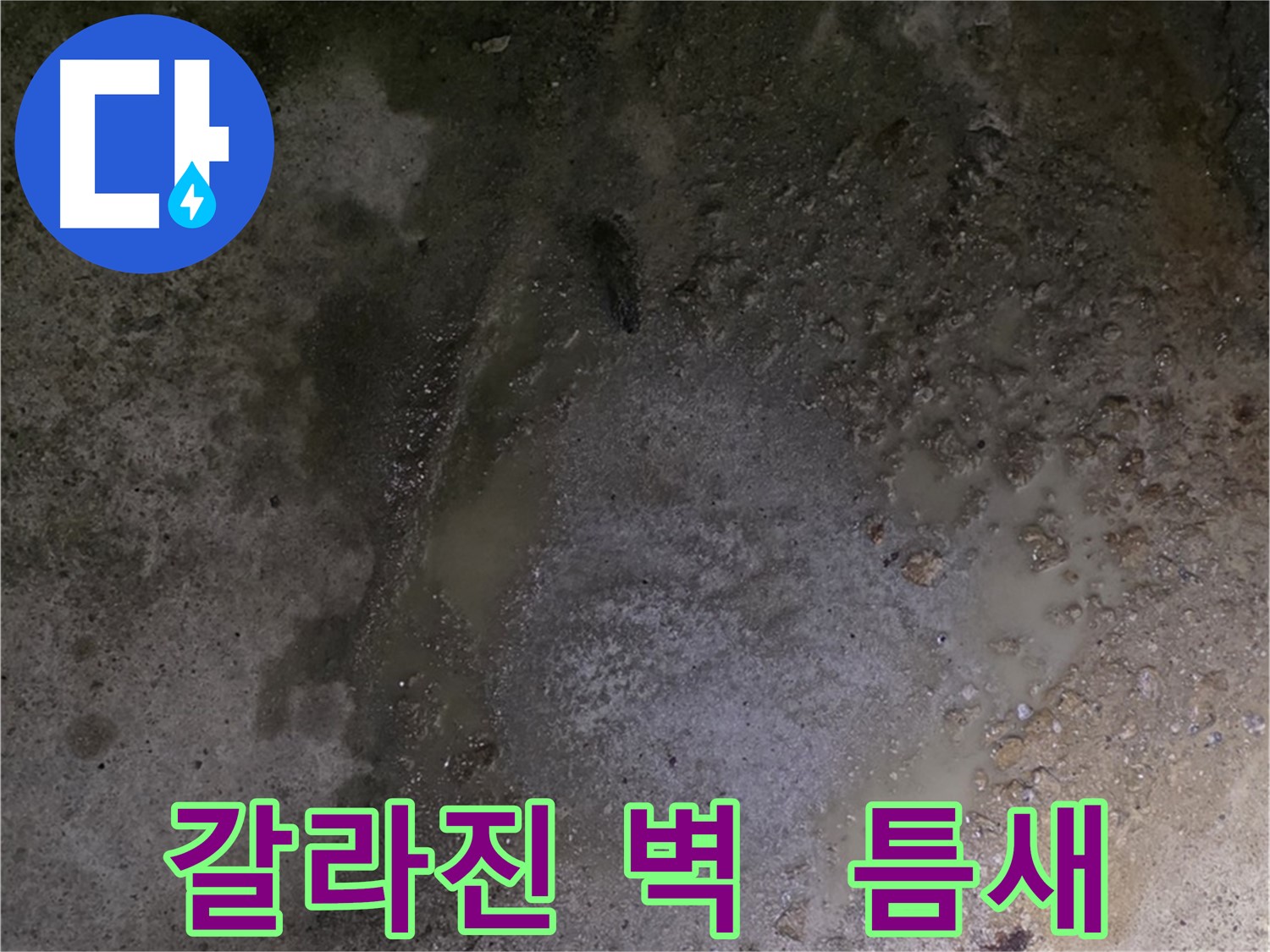 철원군 서면 와수리 누수 현장 - 갈라진 벽 틈새로 물이 스며들어 누수가 발생하고 있습니다.