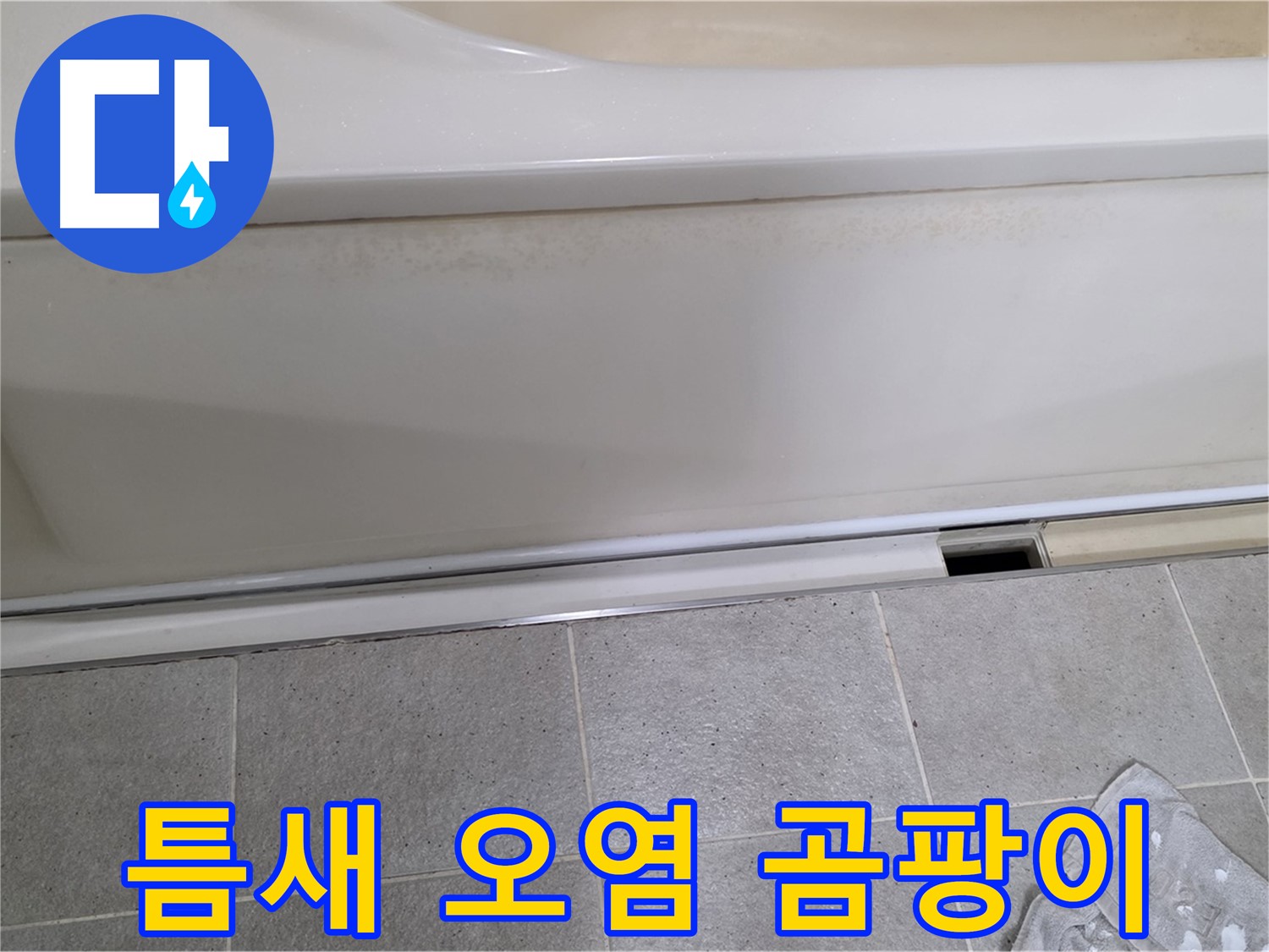분당 운중동 산운마을에서 욕조 하부 점검구 틈새 오염 및 곰팡이 발생을 확인하는 모습입니다 - 곰팡이는 습기와 누수의 증거입니다.