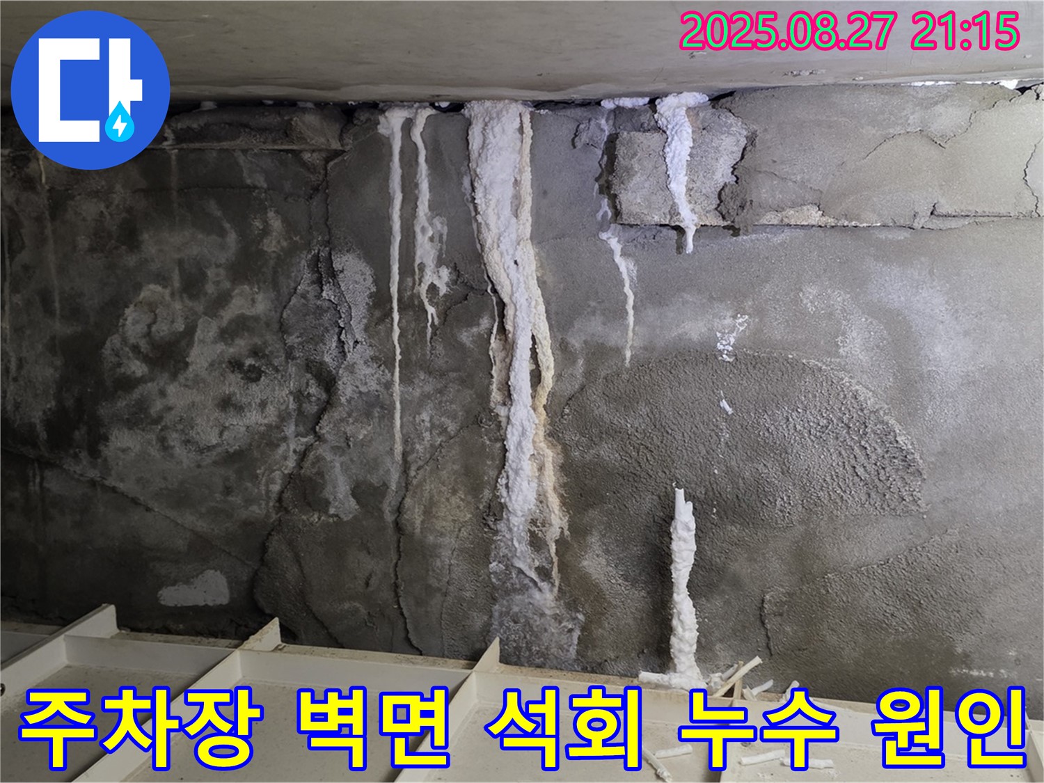 운중동 산운마을 6단지 지하 주차장 벽면 - 석회 누수의 숨겨진 원인을 찾기 위한 꼼꼼한 진단 과정을 보여주는 이미지입니다.
