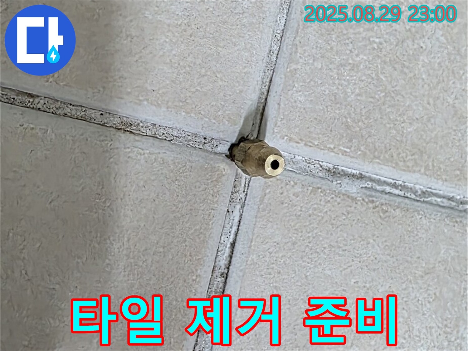 양주 백석 서광아파트 누수 - 누수 지점을 발견하고 타일 제거를 준비하는 모습입니다.