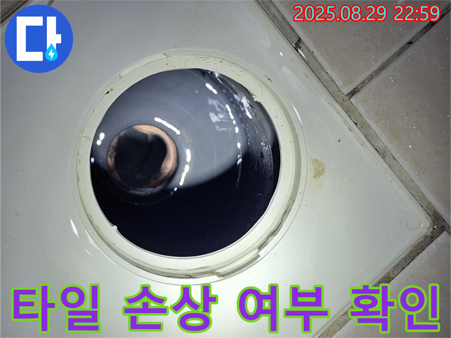 양주 백석 서광아파트 욕실 누수 - 하수구 주변 타일의 손상 여부를 확인하여 누수와의 연관성을 점검합니다.