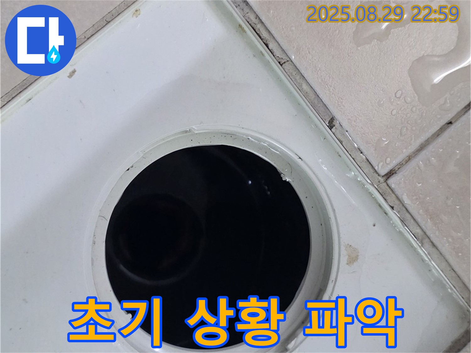 양주시 백석읍 봉암리 서광아침의빛아파트 104동 욕실 - 배수구 주변 누수 발생 초기 상황을 파악하고 있습니다 - 주변 타일에 물기가 남아있습니다.