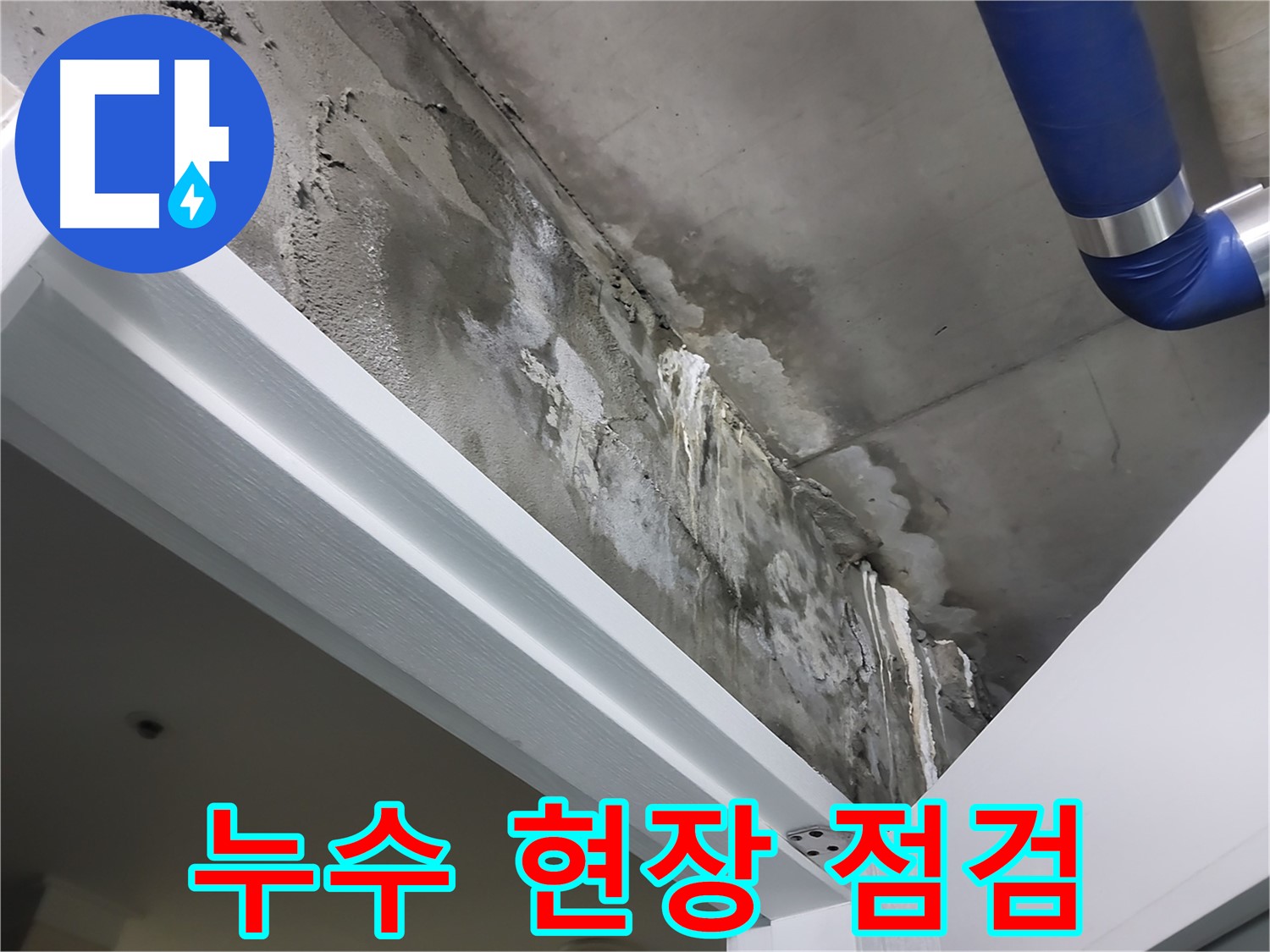 누수 현장 점검 - 문 위 천장 누수 현장을 꼼꼼하게 점검하는 모습을 보여주는 사진입니다.