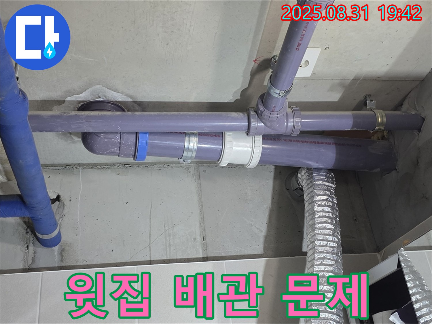 산운마을 아파트 - 세탁실 천장 누수 원인, 윗집 배관 문제 - 누수 전문가가 꼼꼼하게 점검하고 해결했습니다.