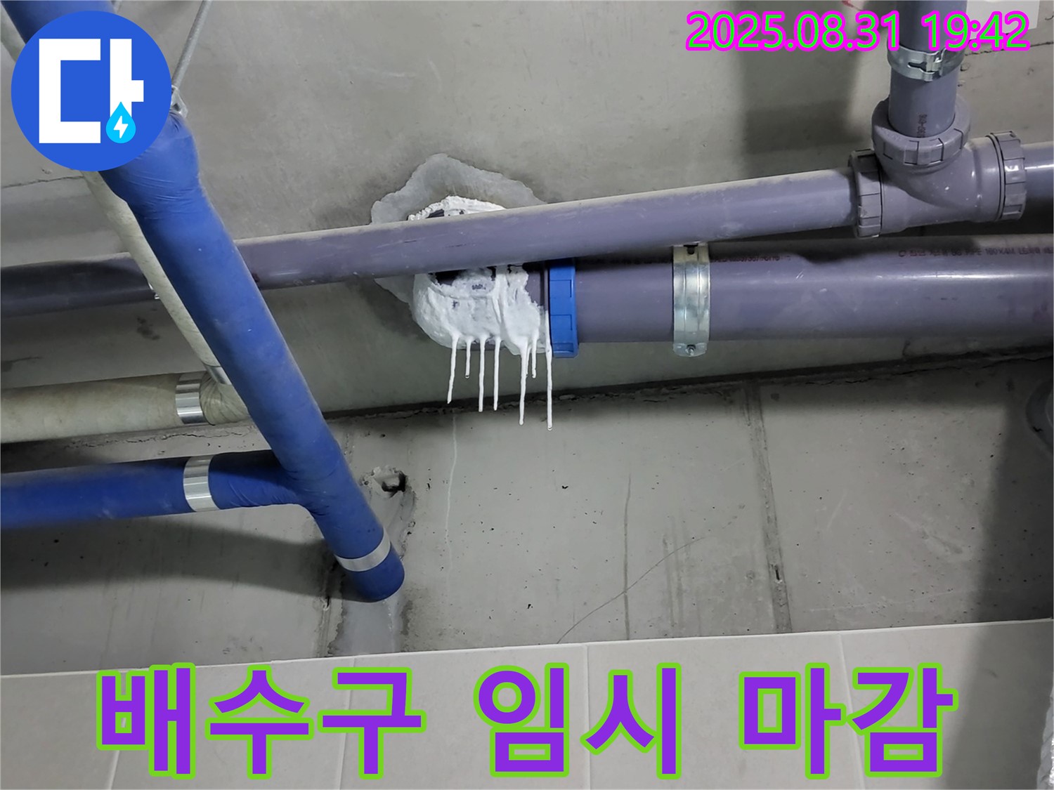 성남 분당 운중동 산운마을 욕실 배수구 누수 - 주변 임시 실리콘 마감 작업 진행 중