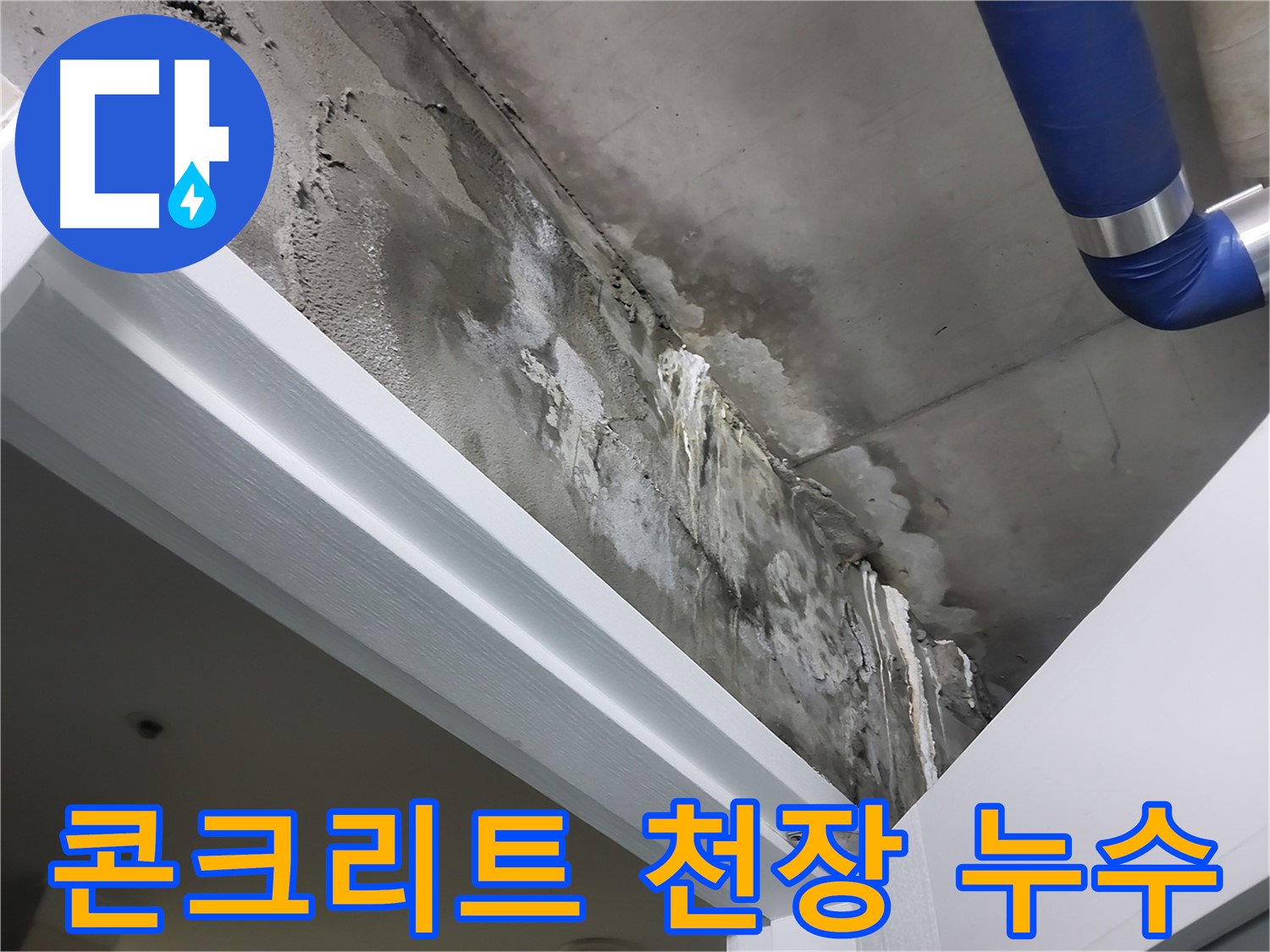 콘크리트 천장 누수 - 콘크리트 천장에 광범위하게 퍼져 있는 누수 자국을 보여주는 사진입니다.