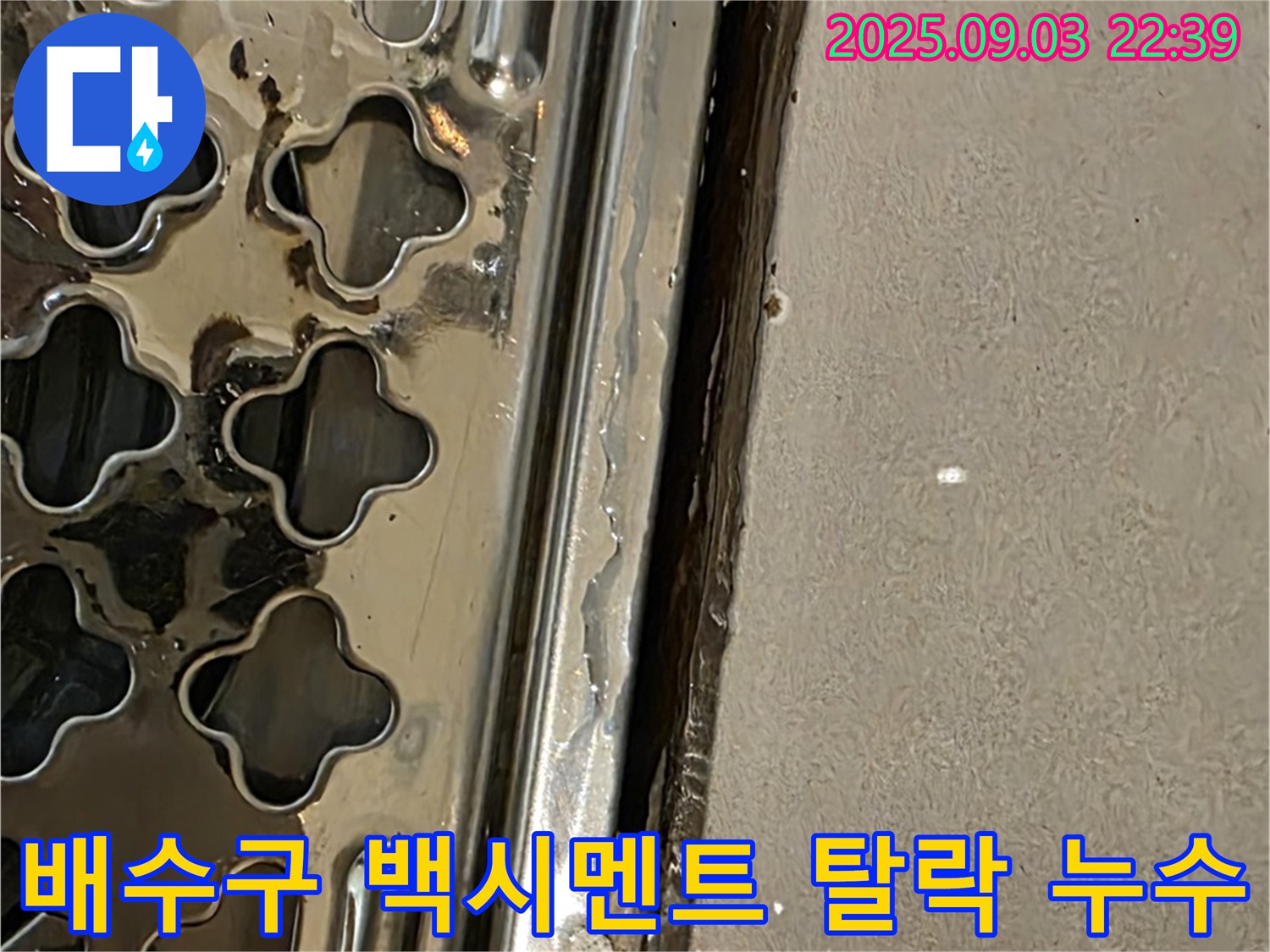용산동2가 욕실 배수구 주변 백시멘트 탈락 - 백시멘트 탈락으로 인한 누수