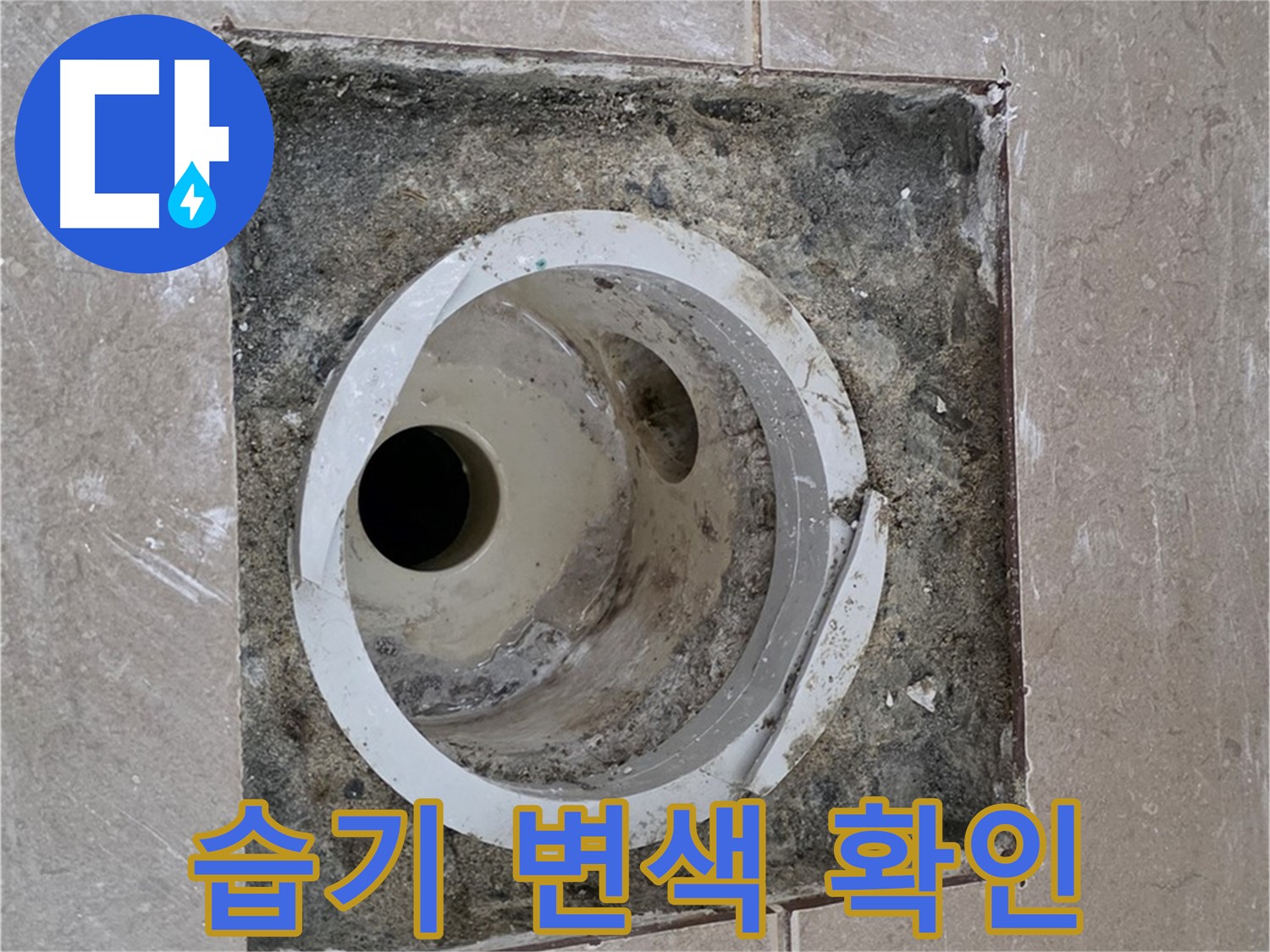 일동 기산베스트빌 아파트 화장실 하수구 누수 - 습기로 인한 변색 확인