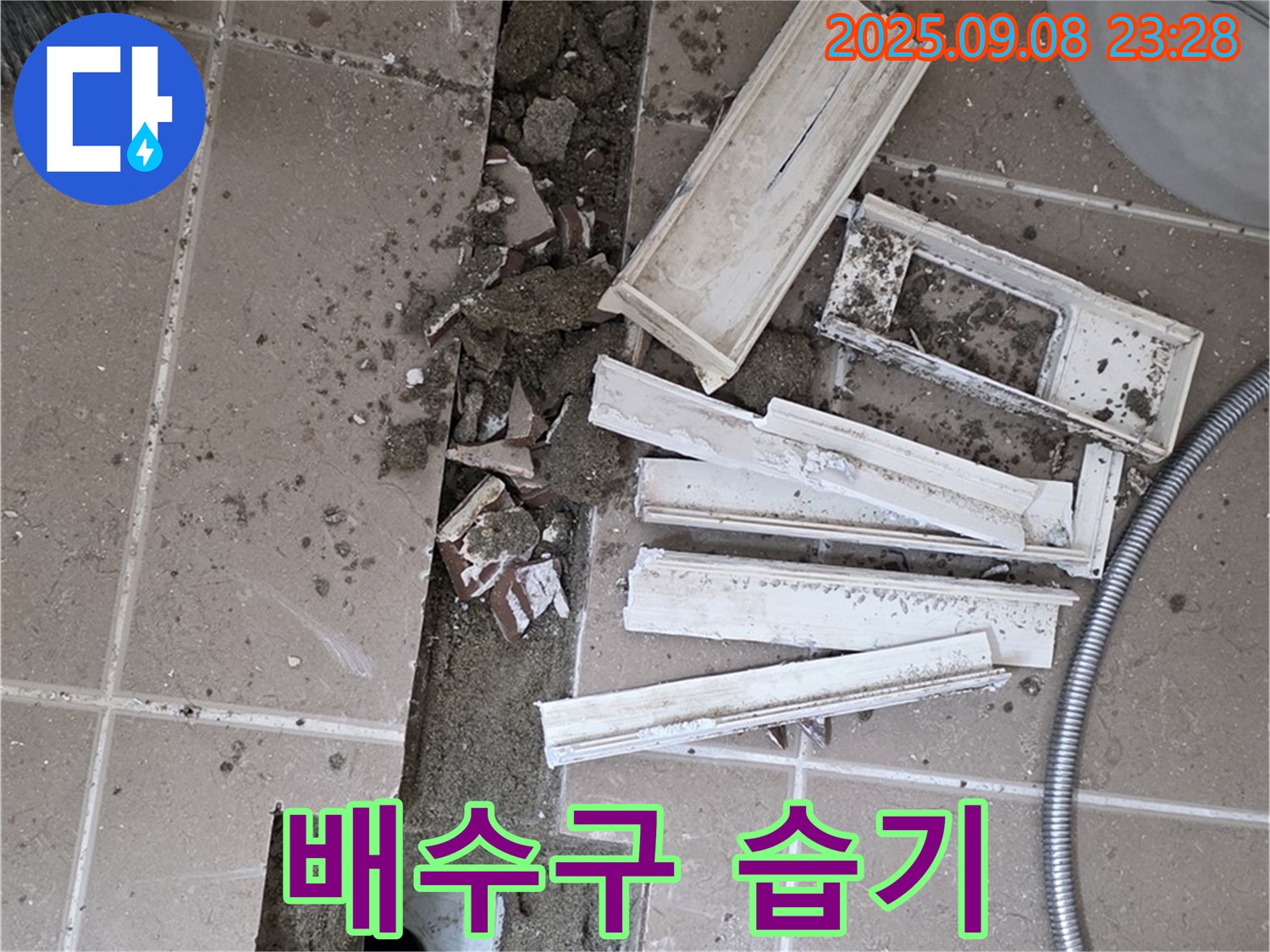 포천시 일동면 기산리 베스트빌 아파트 화장실 누수 - 트랜치 철거 후 드러난 배수구 주변의 습기 찬 모습