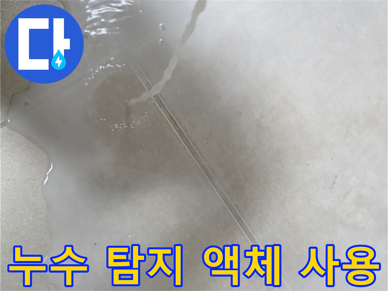 양주 옥정 아파트 누수 - 누수 탐지 액체를 사용하여 타일 틈새의 누수 지점을 찾아내는 모습입니다.