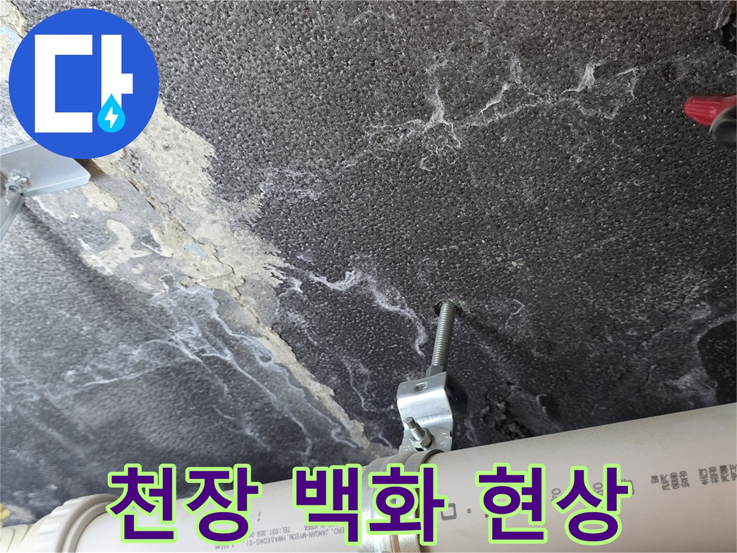 천장 콘크리트의 백화 현상 - 누수로 인해 발생한 석회 성분 침전물입니다.