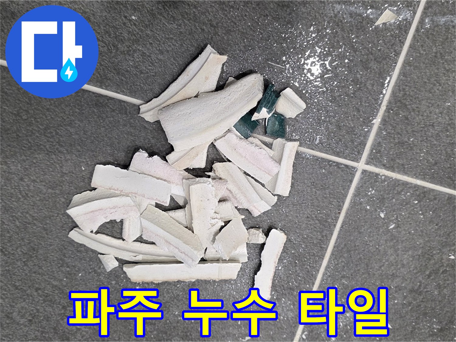 파주 누수 현장, 누수 탐지를 위해 파손된 타일 조각들 - 누수 원인 해결을 위한 첫 걸음! 저희가 최선을 다해 확실하게 해결해 드리겠습니다.