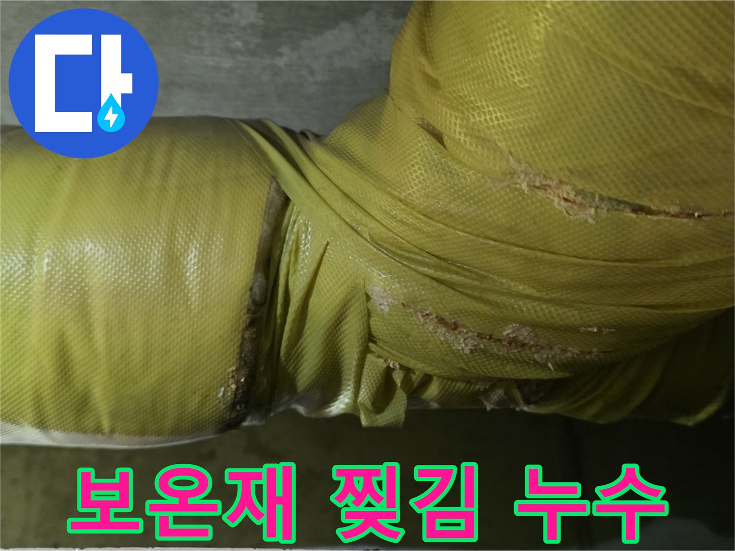 찢어진 배관 보온재 - 누수 초기 증상일 수 있으므로 주의 깊게 살펴봐야 합니다.