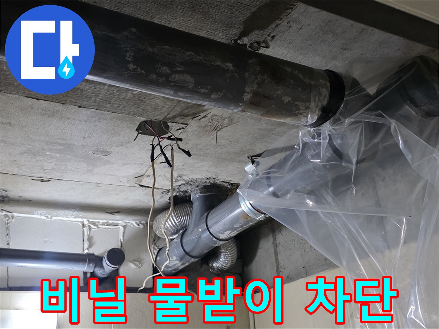 신사동 누수 - 배관 누수 방지 투명 비닐로 임시 물받이 완벽 차단 준비 완료