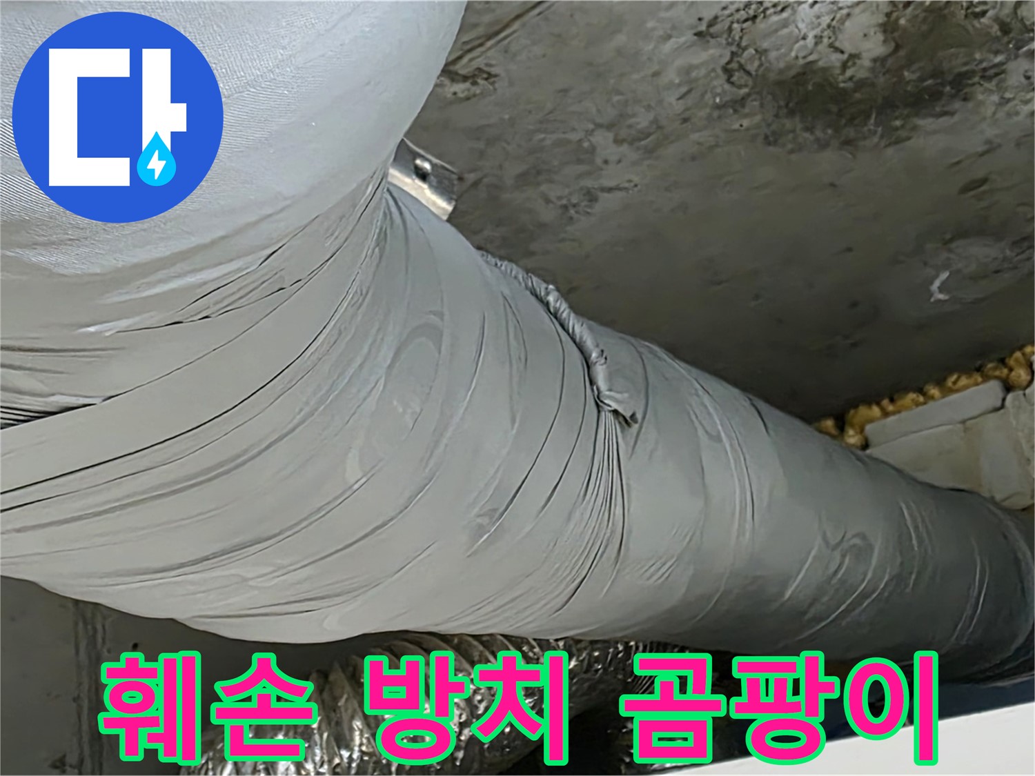 광명 아파트 누수 - 훼손된 보온재 방치, 곰팡이 서식 환경 제공.