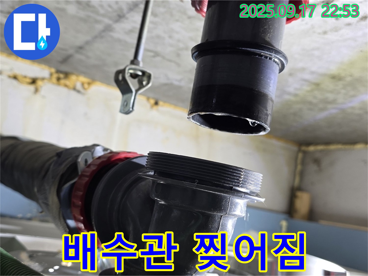 싱크대 하수구 배수관 찢어짐으로 인한 누수 - 새 배수관으로 교체했습니다.