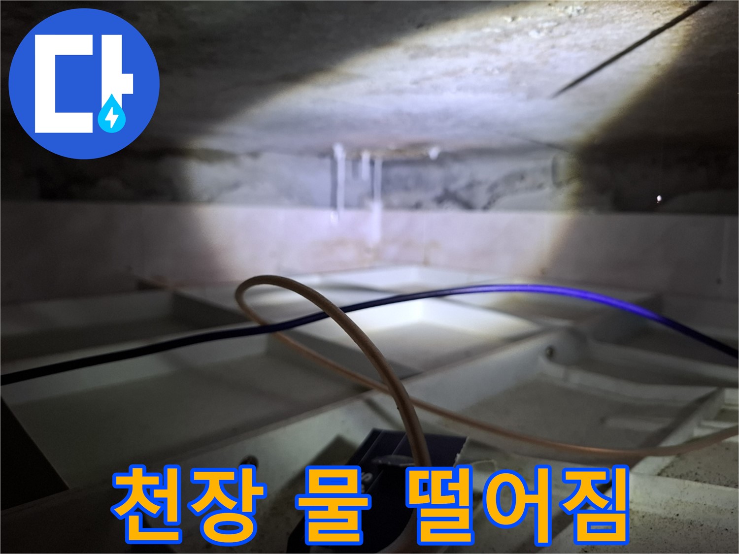 홍은동 빌라 천장 누수 - 천장에서 물이 떨어지는 상황을 보여주는 사진입니다.