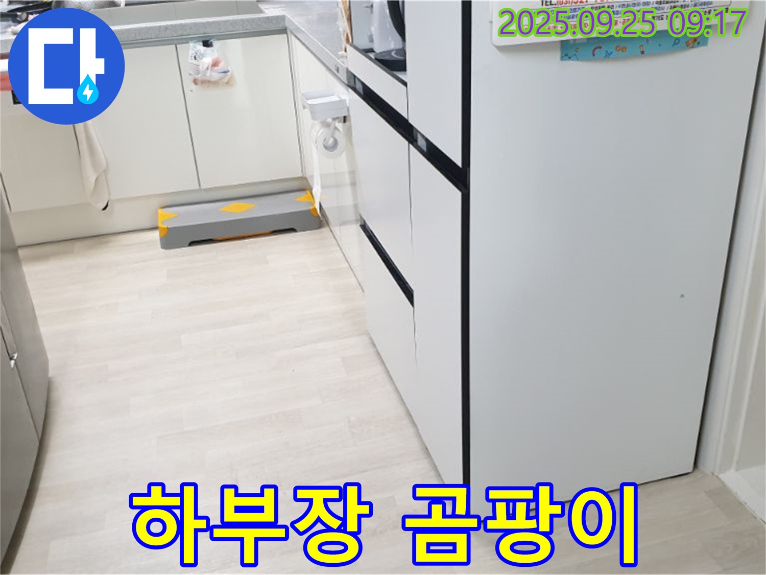 양주시 백석읍 연곡리 싱크대 하부장 - 곰팡이 핀 하부장 내부를 보여주며, 습기와 누수의 흔적을 나타냅니다.