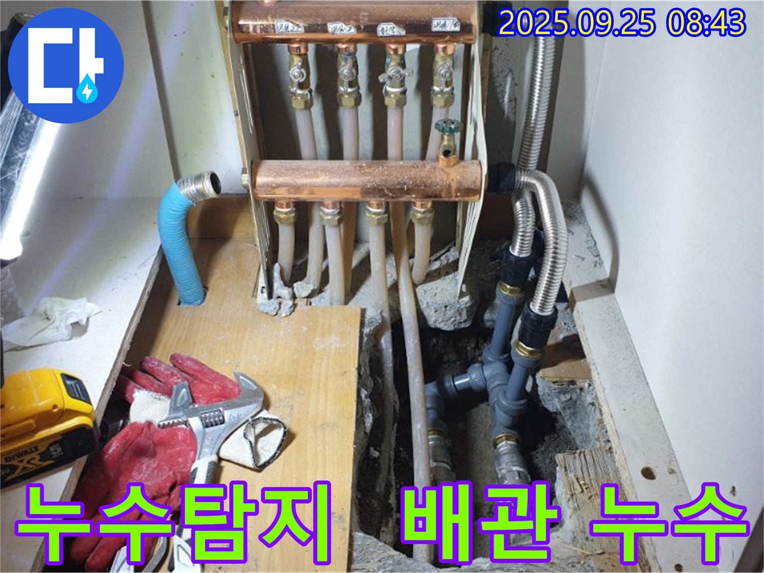 양주시 백석읍 홍죽리에서 누수탐지 작업을 진행 중인 사진입니다 - 배관 연결 부위의 누수를 꼼꼼하게 확인하고 있습니다.