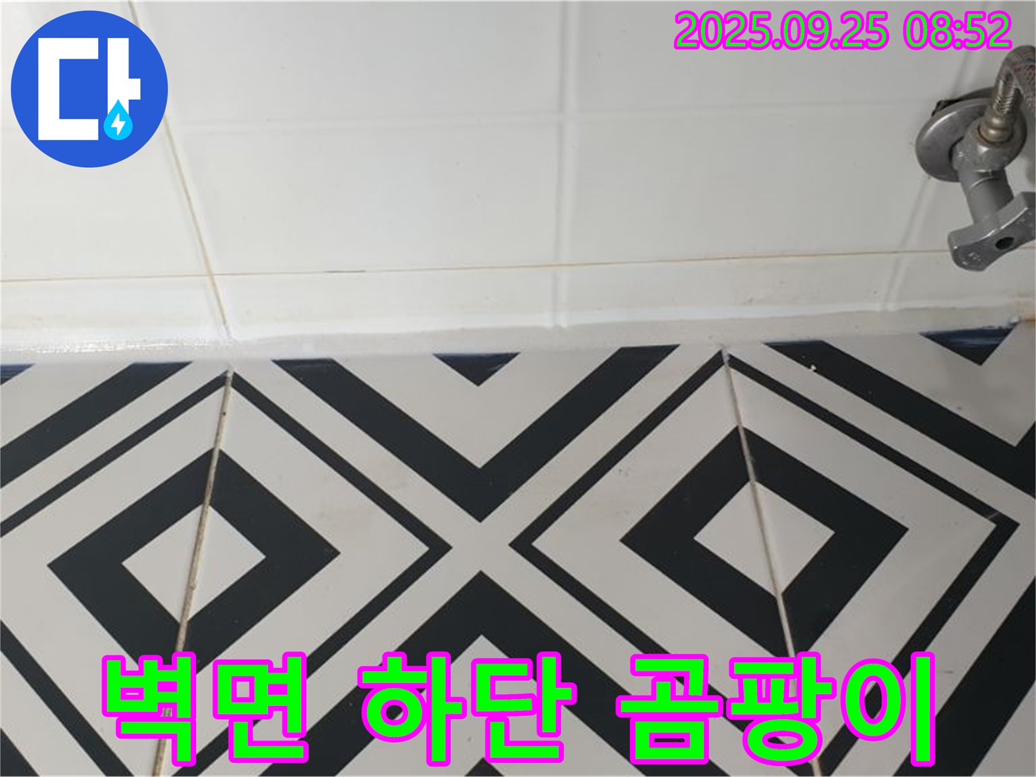 양주시 백석읍 오산리 욕실 누수 - 벽면 하단 타일에 곰팡이 흔적이 남아있는 모습으로 과거 누수를 의심하고 있습니다.