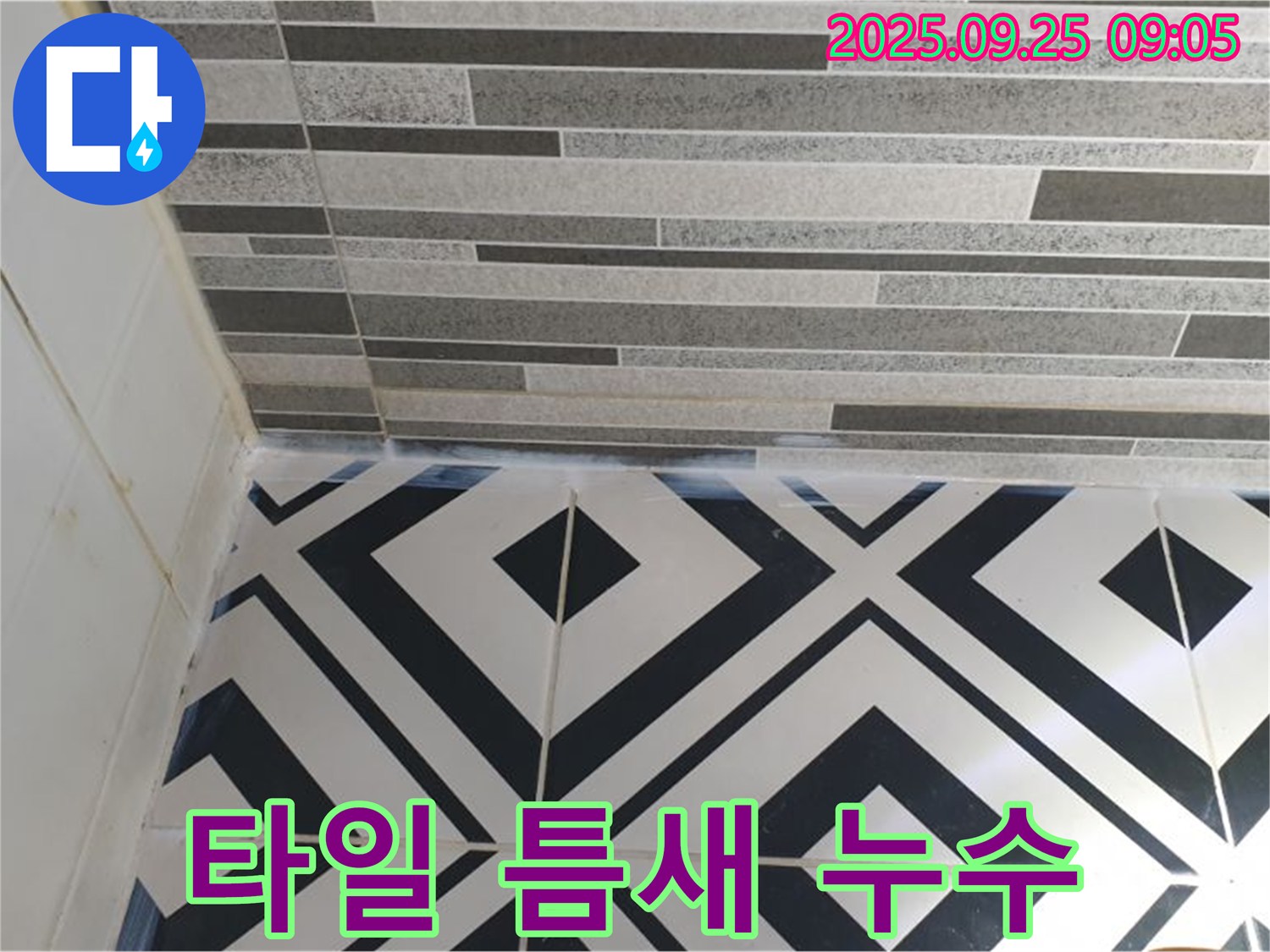 타일 틈새 누수 - 백시멘트 손상으로 물이 침투하여 누수를 유발할 수 있는 부분을 클로즈업한 이미지입니다.