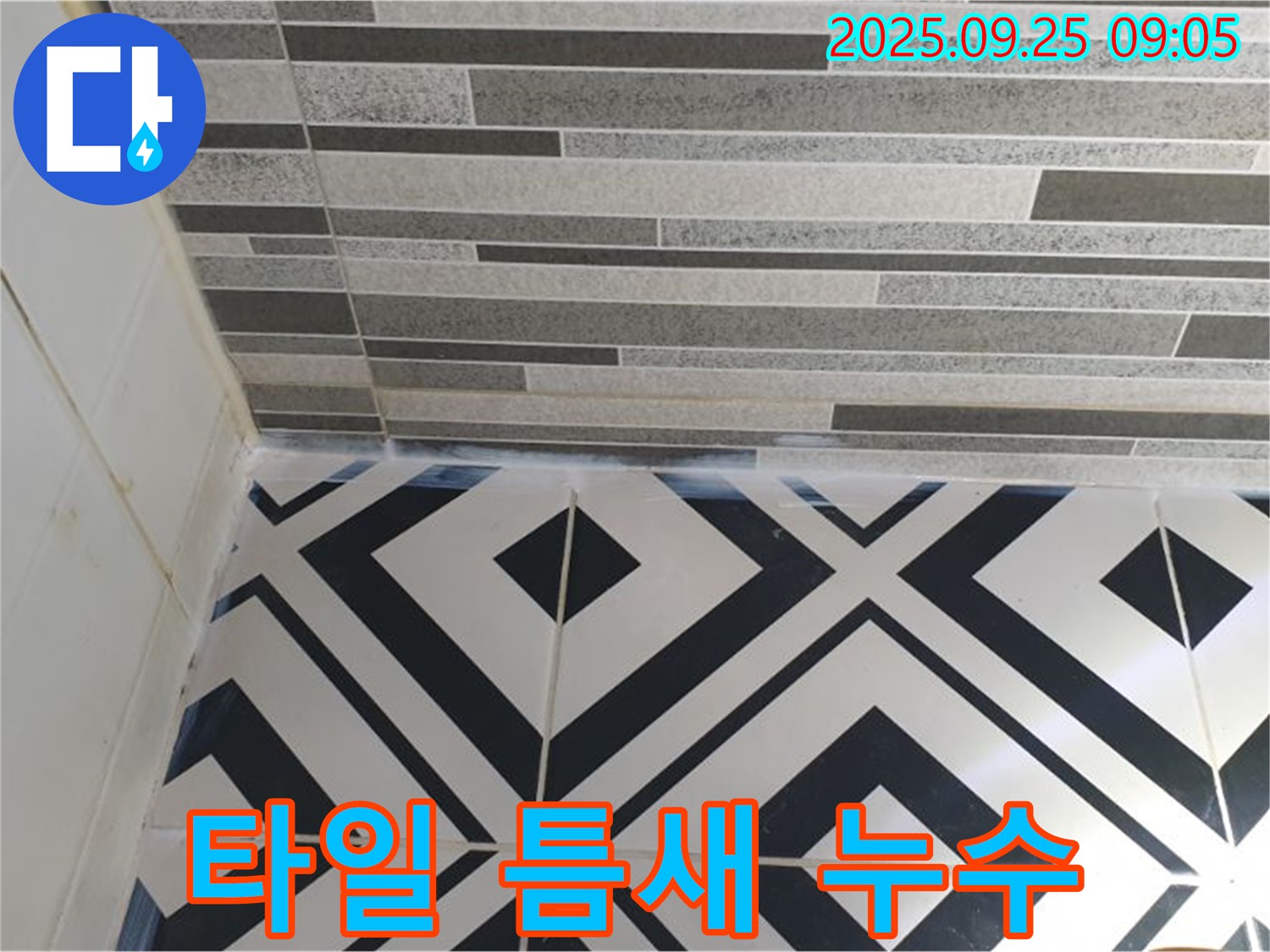 타일 틈새 누수 - 백시멘트 손상으로 물이 침투하여 누수를 유발할 수 있는 부분을 클로즈업한 이미지입니다.
