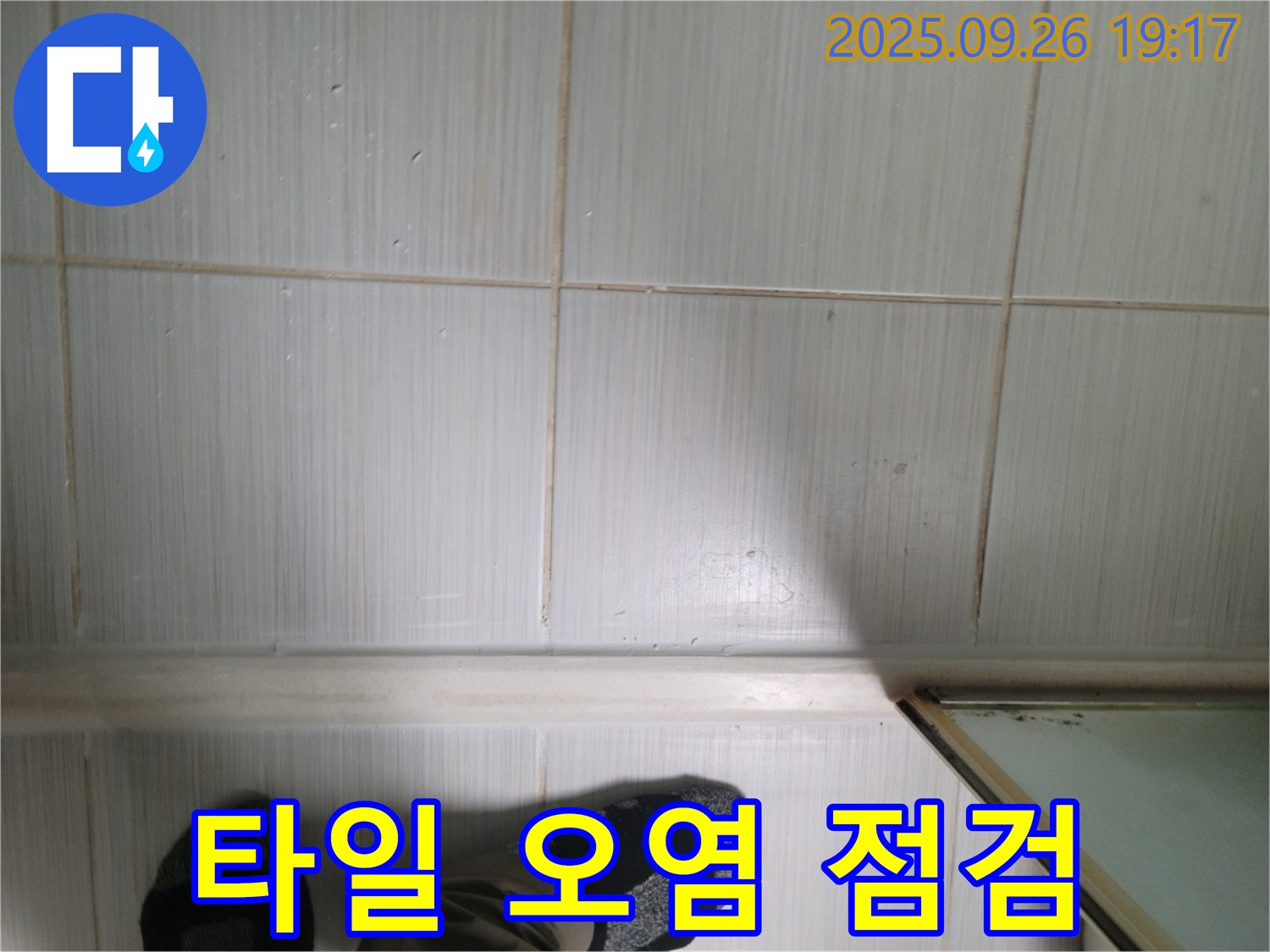 동두천 생연동 누수 - 타일 틈새 오염 상태를 꼼꼼하게 점검하며 고객님께 친절하게 설명드리고 있습니다.