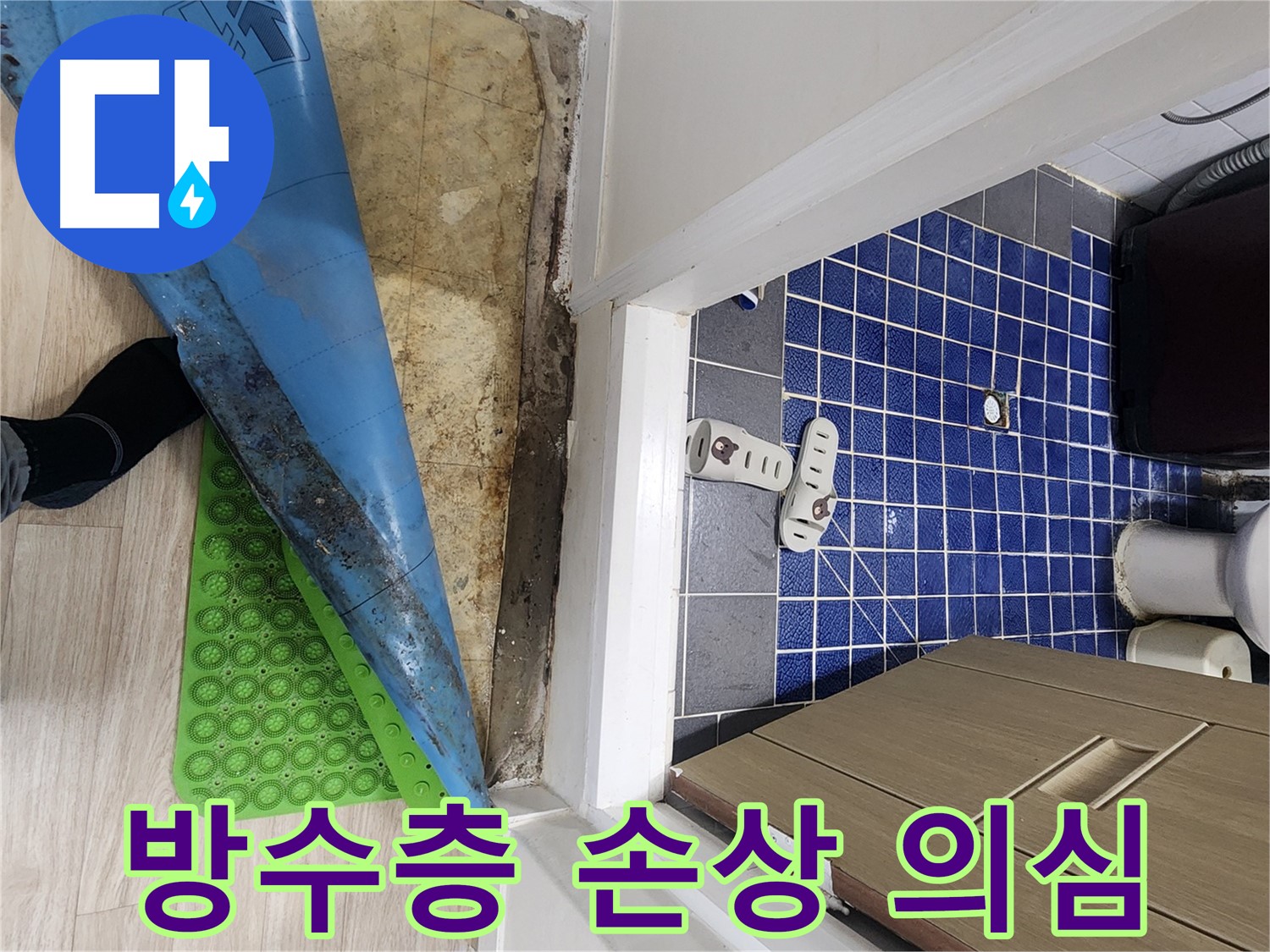 노원구 화장실 누수 - 장판 아래 습기 및 곰팡이 냄새, 방수층 손상