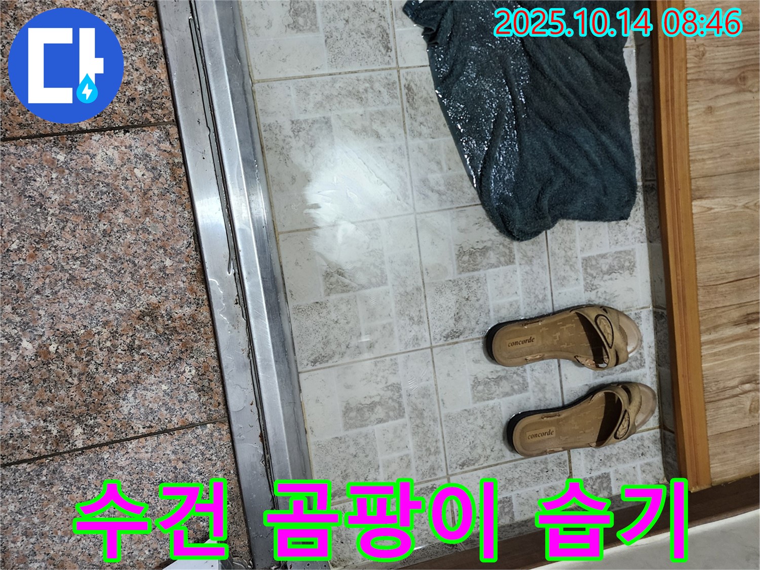 양주시 남면 누수 진단 - 현관 앞 젖은 수건에서 곰팡이 냄새와 함께 습한 기운까지 느껴진다면 심각한 누수를 의심해야 합니다.