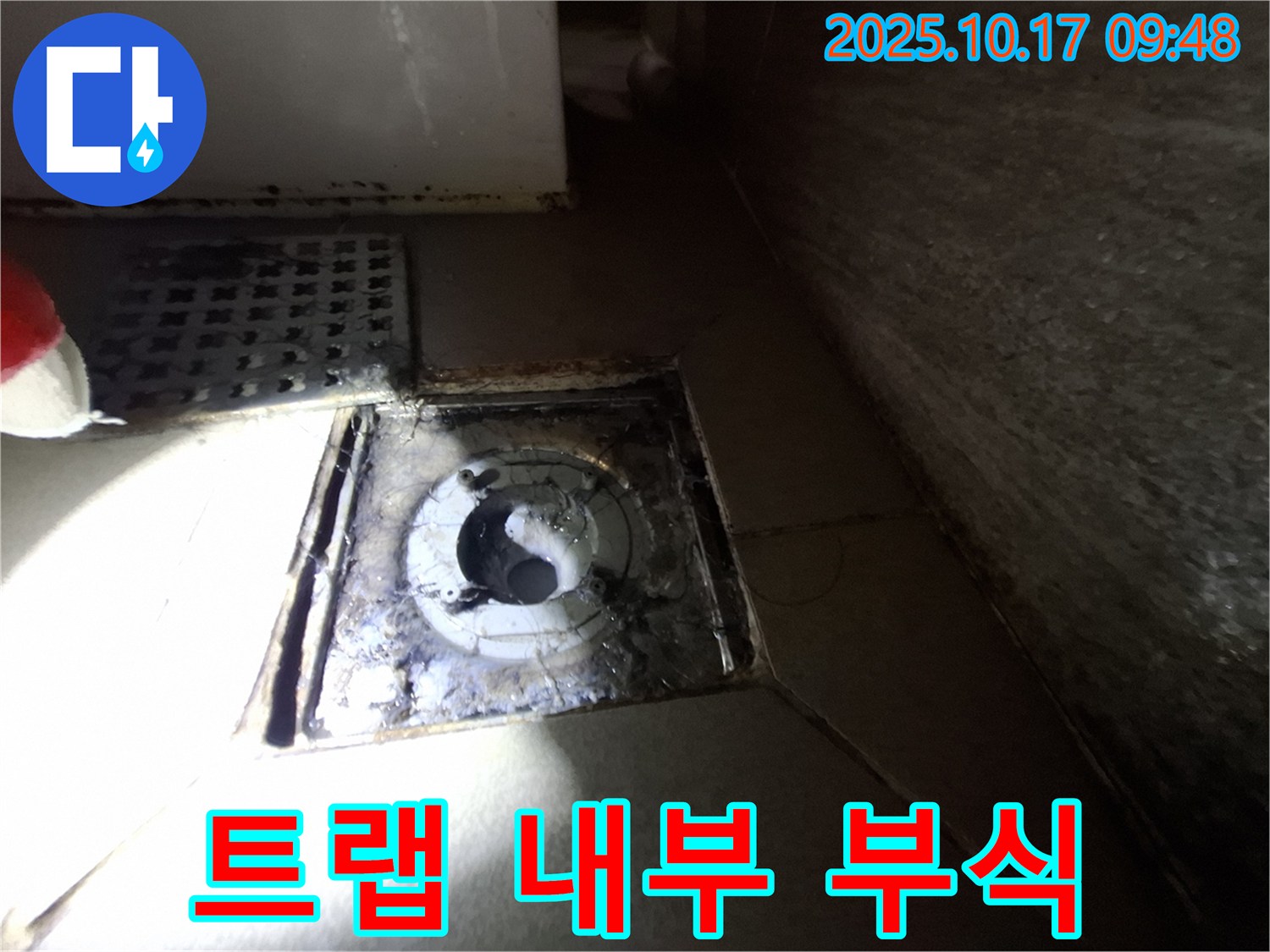 성남 분당 삼평동 봇들마을 - 욕실 배수구 주변 배수 트랩 내부 부식 및 손상 여부를 확인하고 있습니다.