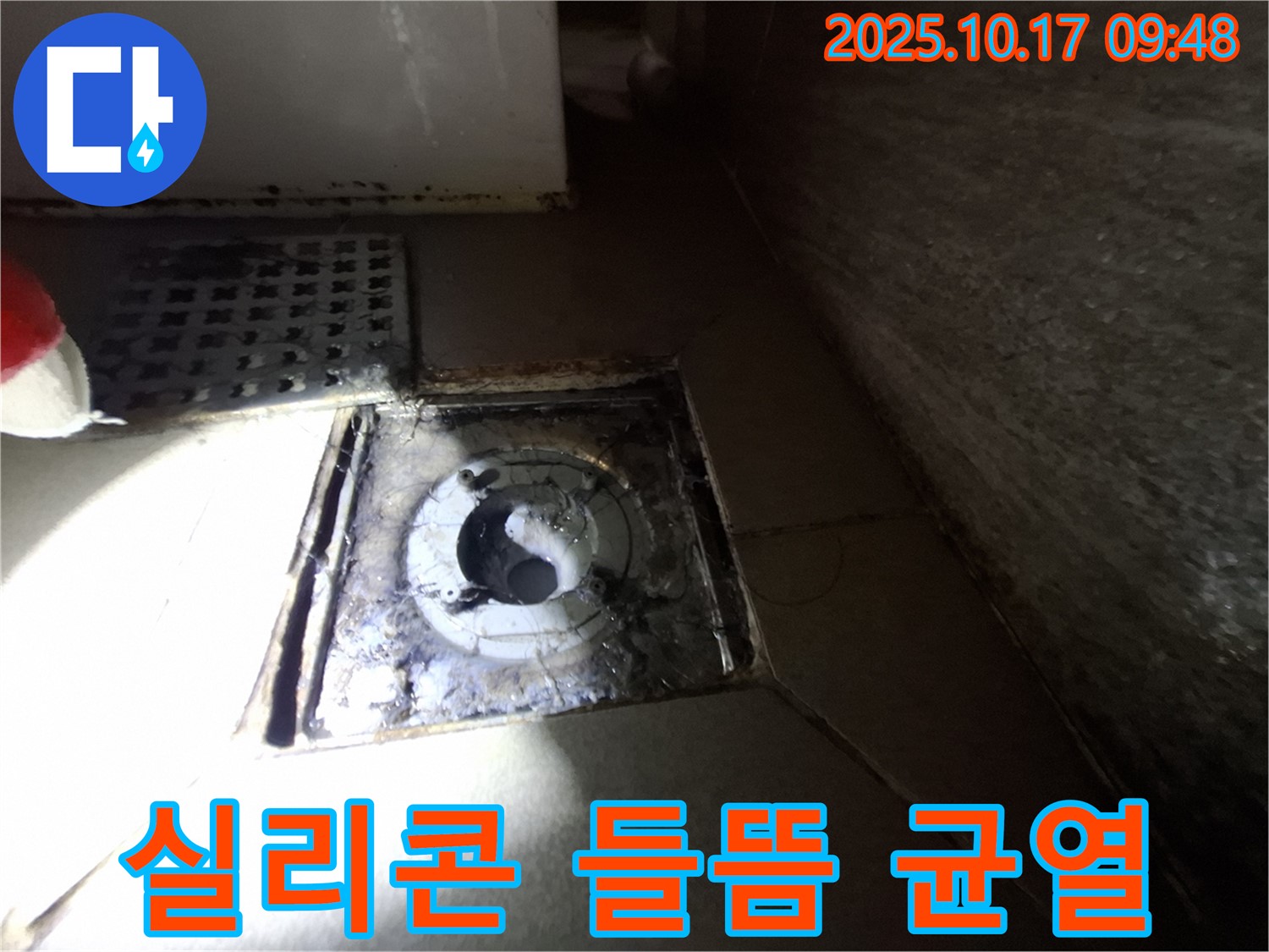 판교 삼평동 봇들마을 - 욕실 배수구 주변 방수 실리콘 들뜸 및 균열 부위를 집중적으로 탐색하고 있습니다.