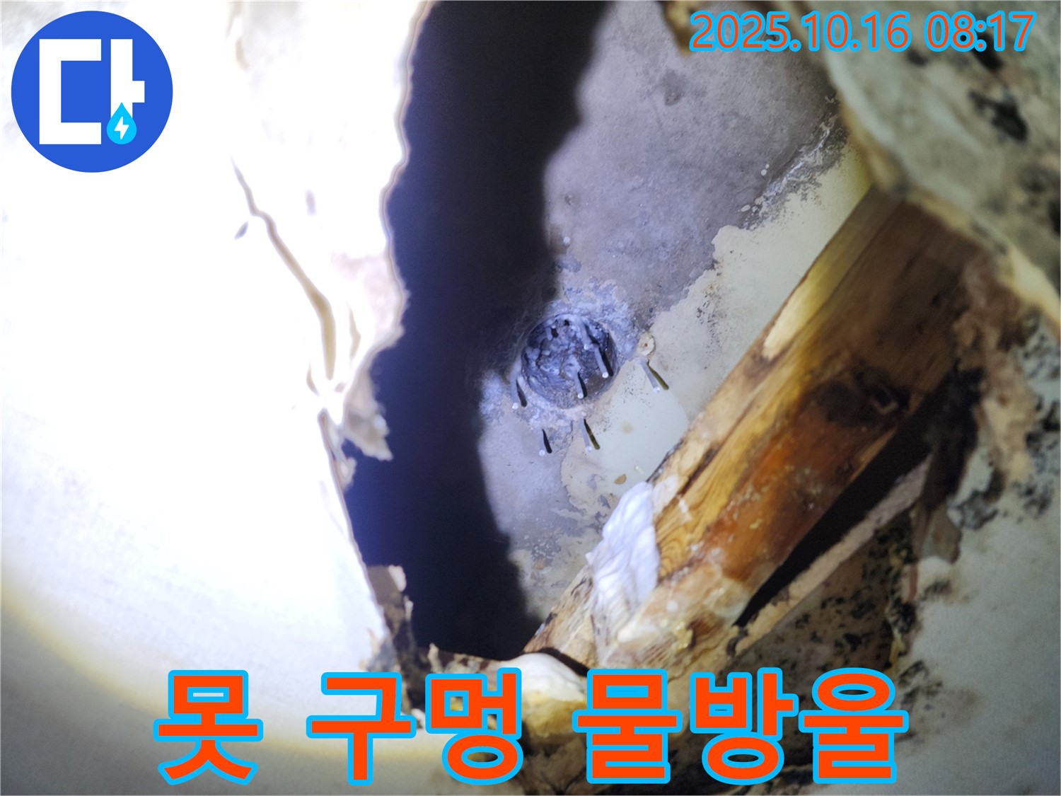 양주시 남면 천장 누수 - 못 구멍에서 물방울이 송골송골 맺혀 누수가 진행 중인 모습입니다.
