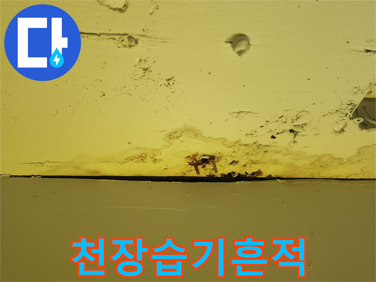 노란색 천장재 하단 경계에 나타난 습기 침투 및 변색 부위