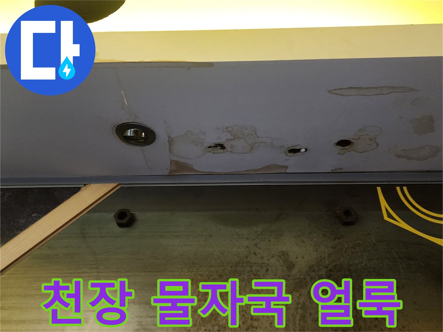 양주 상가 천장 마감재에 발생한 누수 흔적과 물얼룩