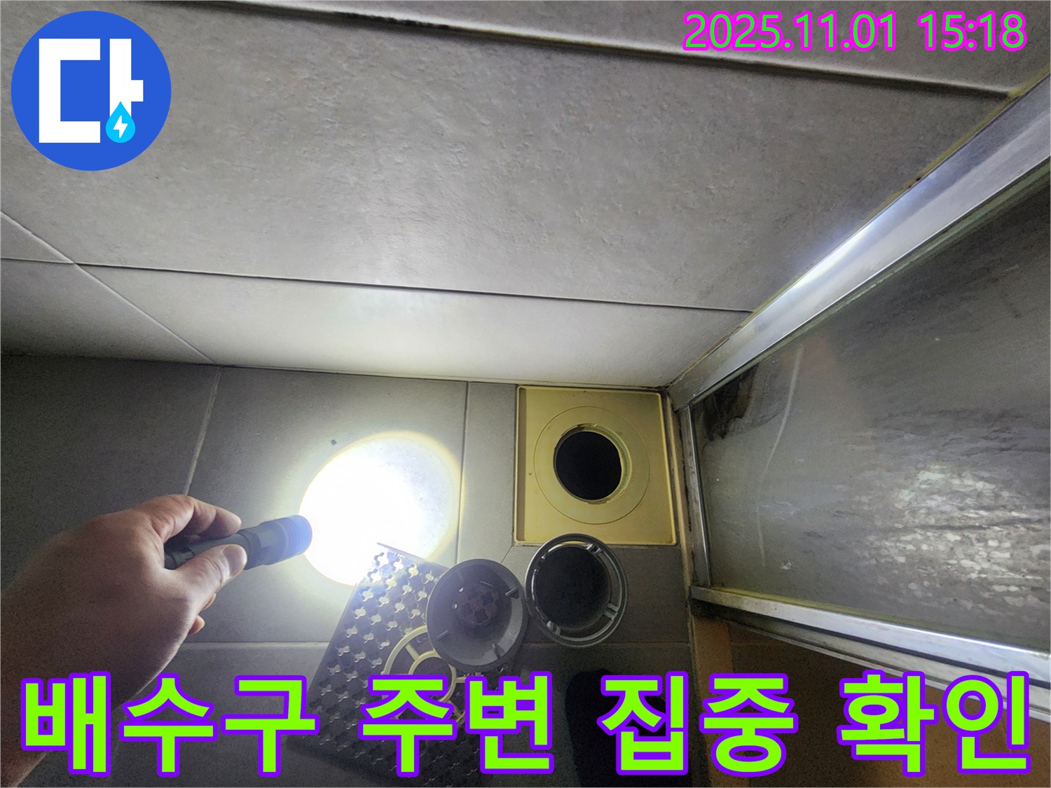 손전등을 사용하여 배수구 주변을 집중적으로 확인 - 작은 틈새도 놓치지 않기 위한 노력입니다.