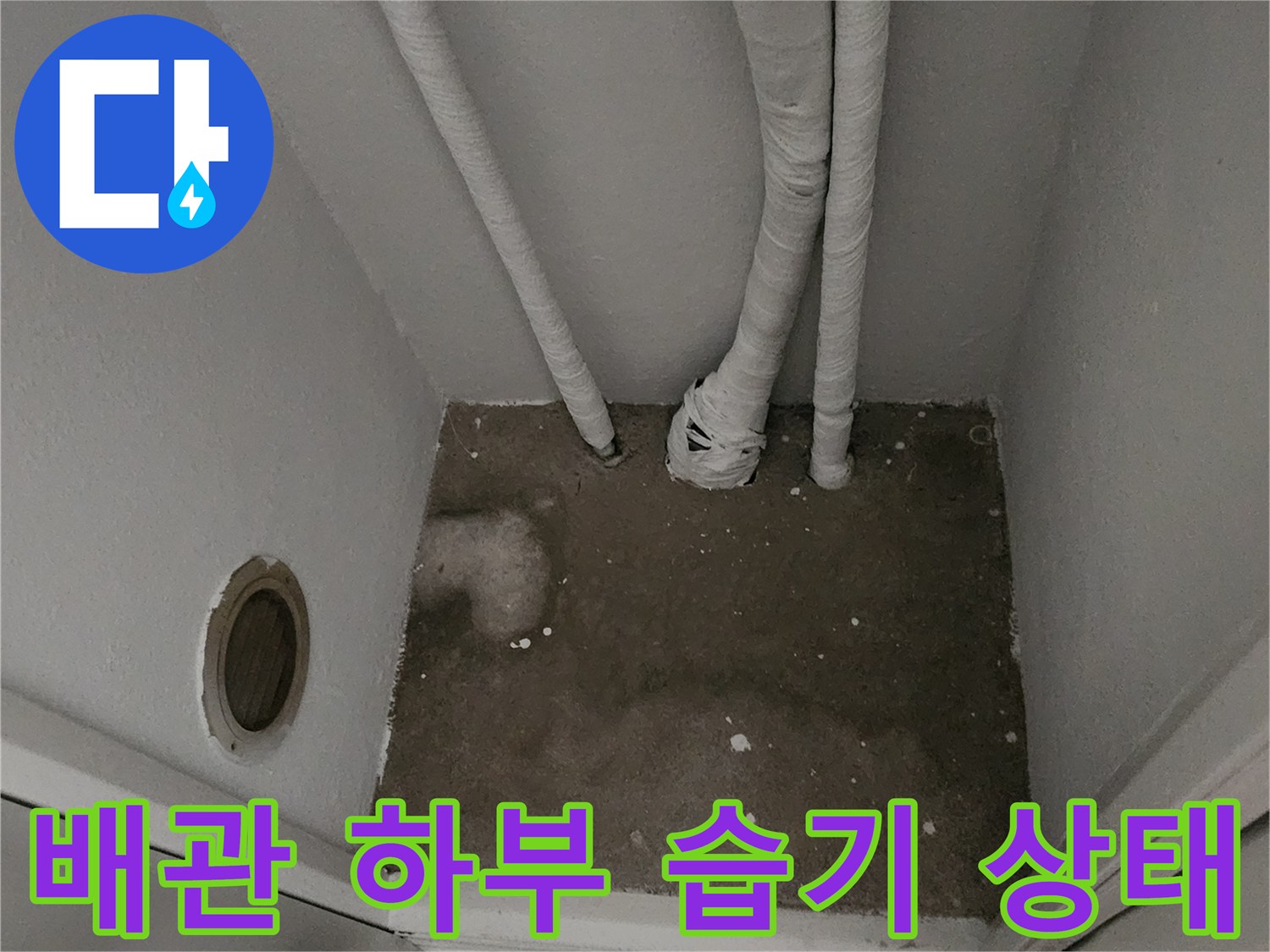 싱크대 아래 배관 주변의 젖은 바닥과 오염된 지점 사진