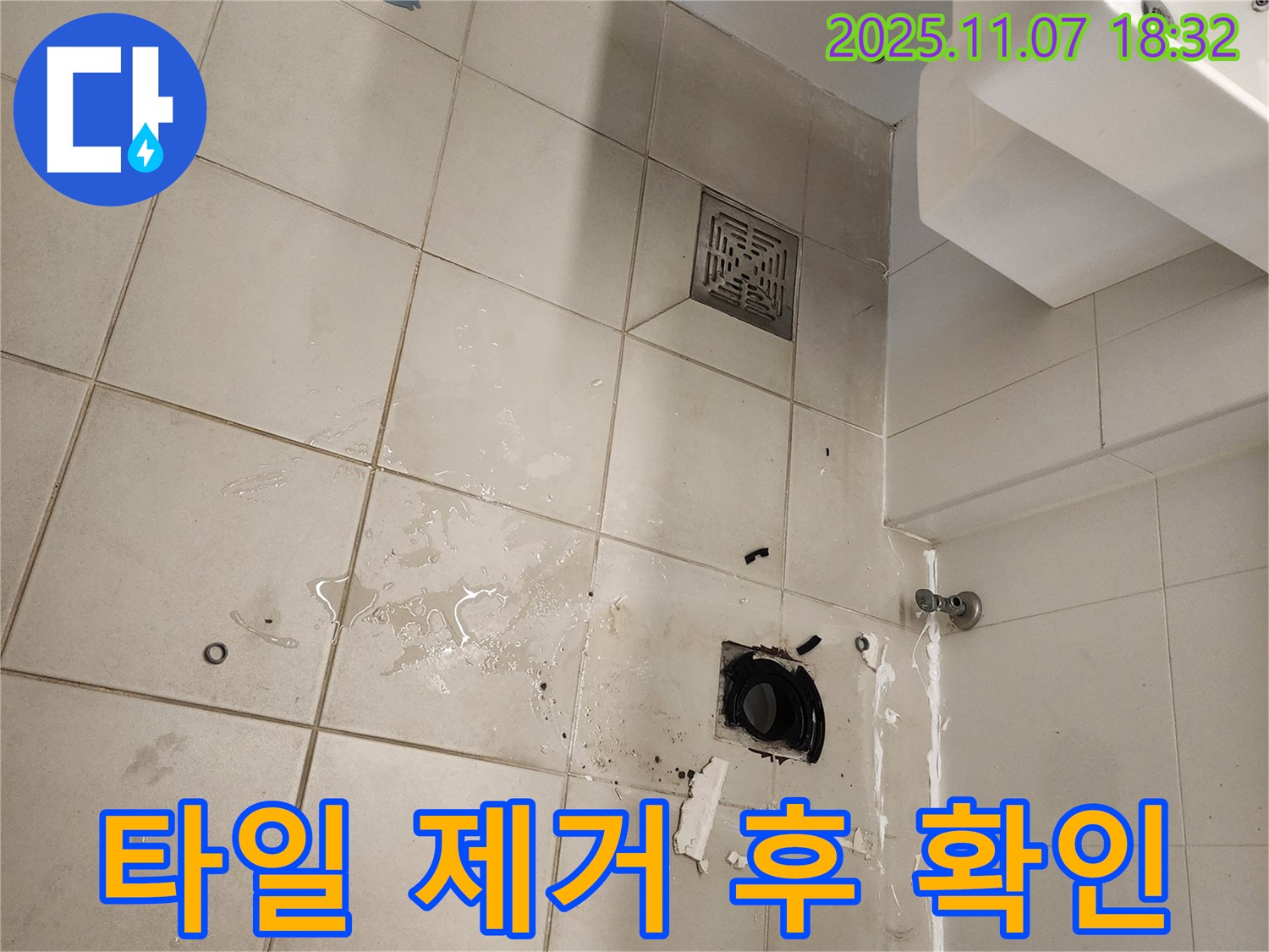 김포 사우동 아파트 욕실 누수 - 하수구 주변 타일 제거 후 누수 상태를 확인하고 있습니다.