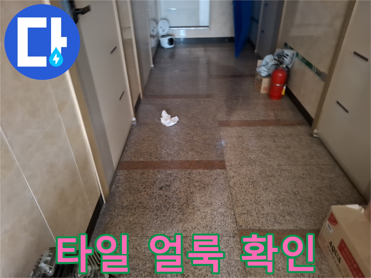 복도 타일 얼룩 확인 - 누수 원인 분석 - 신림 누수탐지 전문