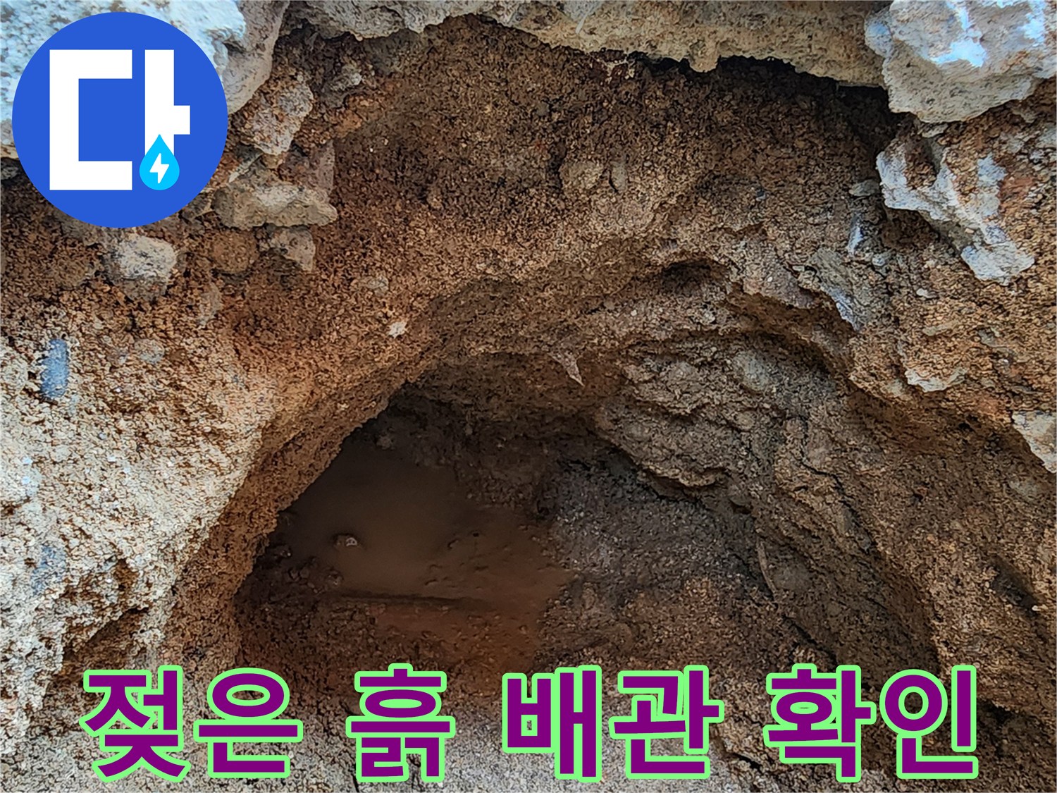 누수가 의심되는 지점의 젖은 토양과 파헤쳐진 콘크리트 단면입니다.