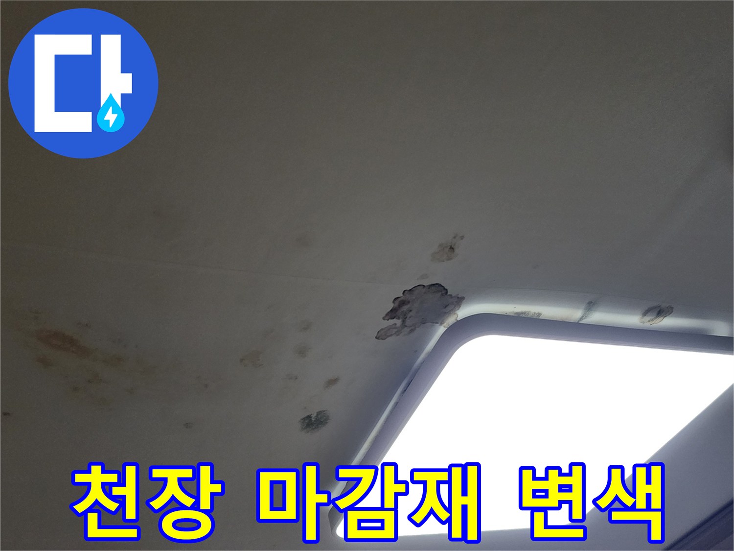 조명 기구 근처 천장 면에 나타난 누수로 인한 변색 부위