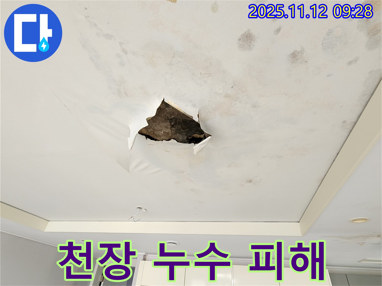천장 누수 피해 - 찢어진 천장 주변으로 누수로 인해 심하게 변색되고 훼손된 전체적인 모습을 보여주는 사진입니다.