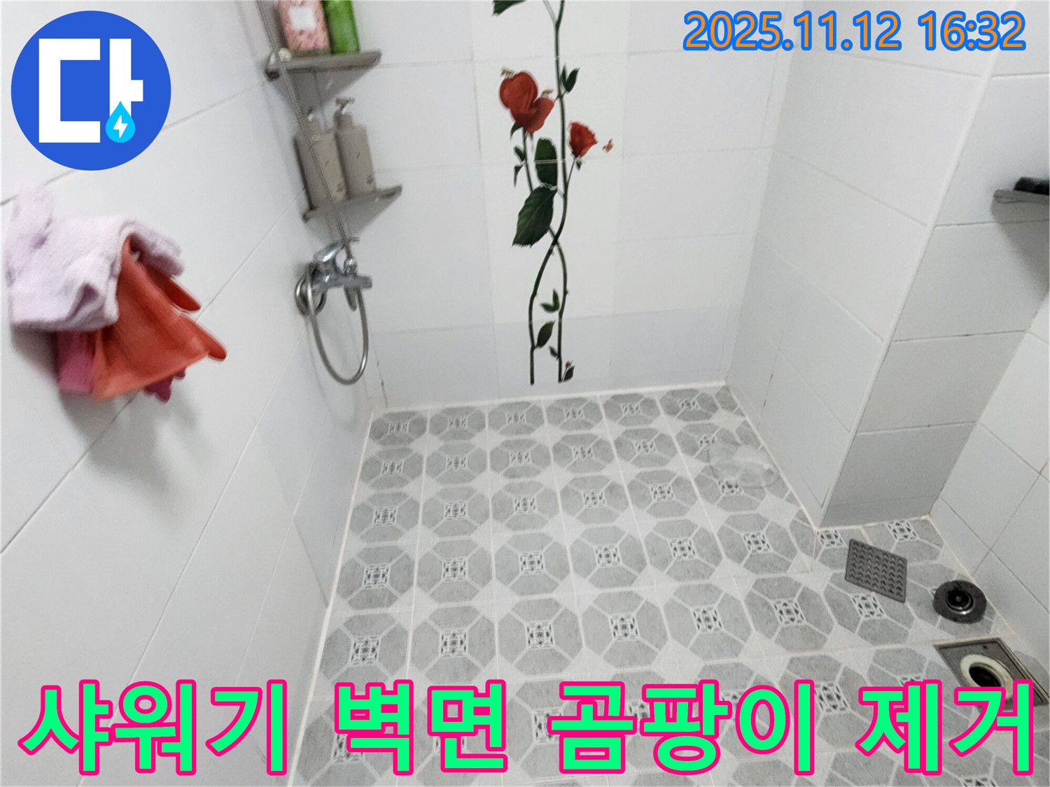 군내면 욕실 샤워기 벽면 곰팡이 - 누수 때문에 생긴 곰팡이를 제거하고 방지하는 과정을 보여줍니다.