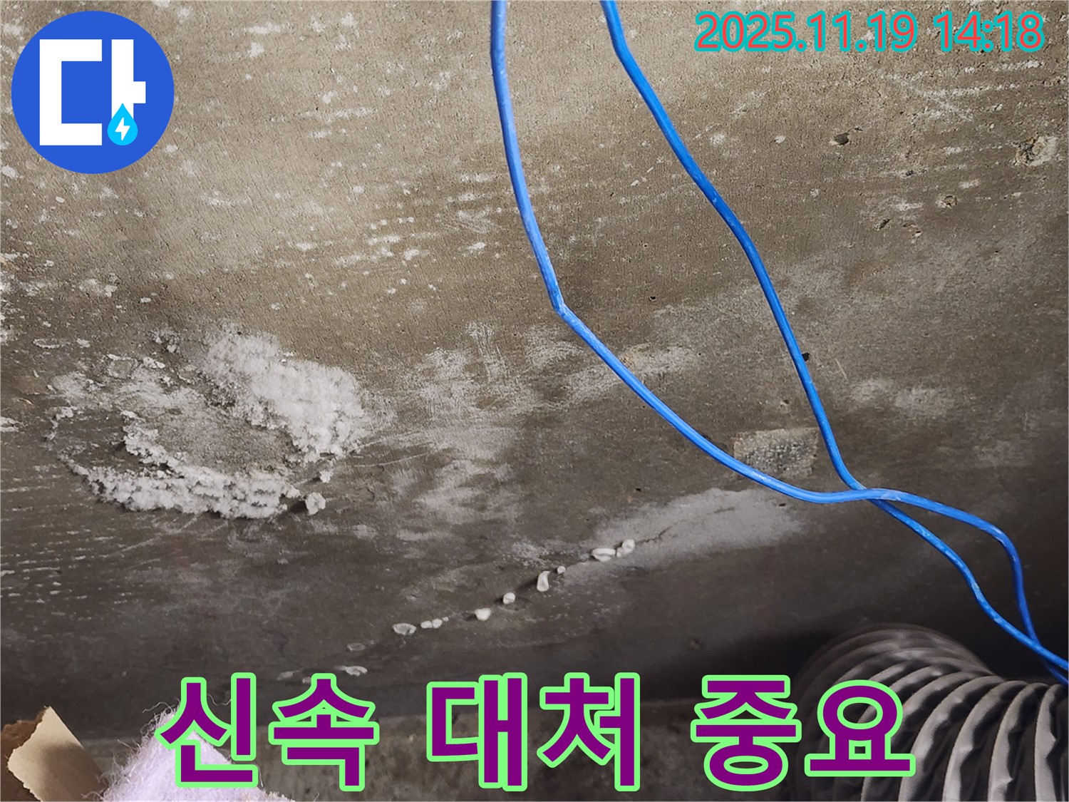 콘크리트 천장 석회수 누수 신속 대처 사진 - 누수 발생 시 신속하게 조치하는 모습을 보여줍니다.