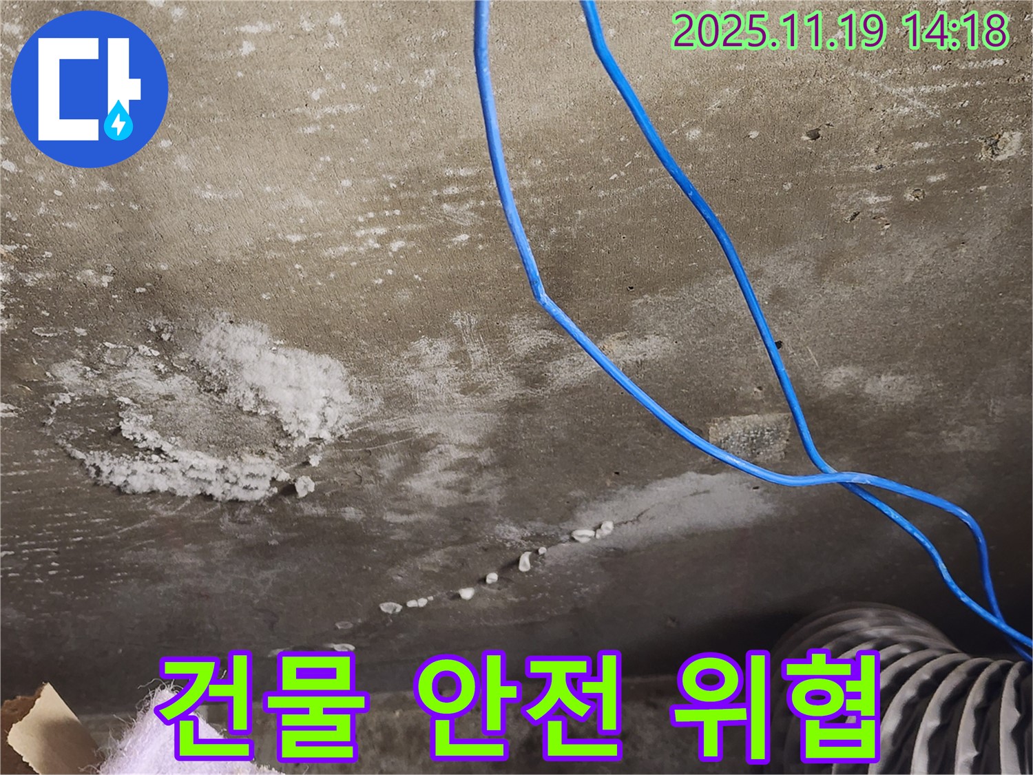콘크리트 천장 석회수 누수로 인한 건물 안전 위협 사진 - 석회수 누수로 인해 손상된 콘크리트 천장 모습을 보여줍니다.